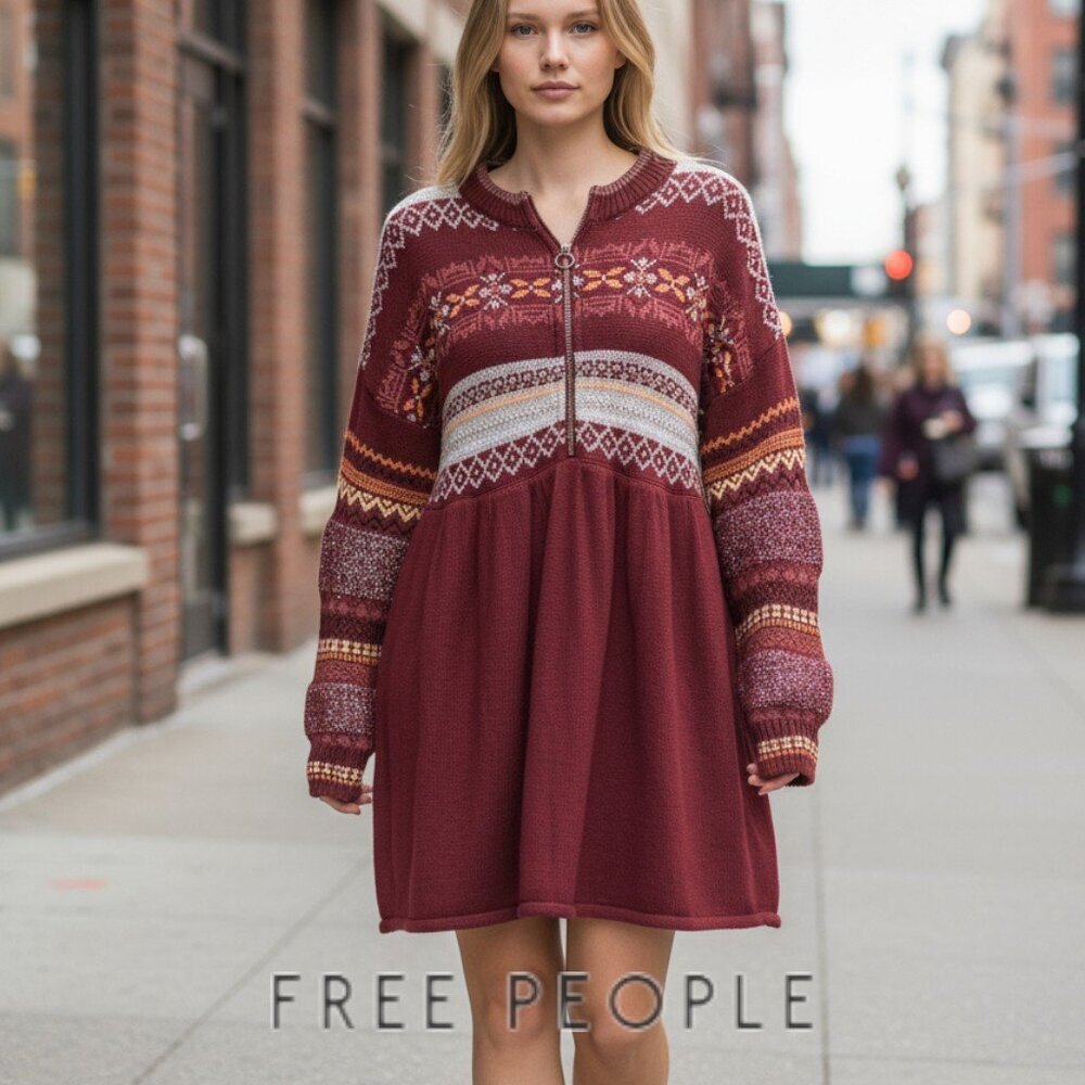 ✨ Free People Metallic Fair Isle Tunic Sweater – Size L (Burgundy Multi)